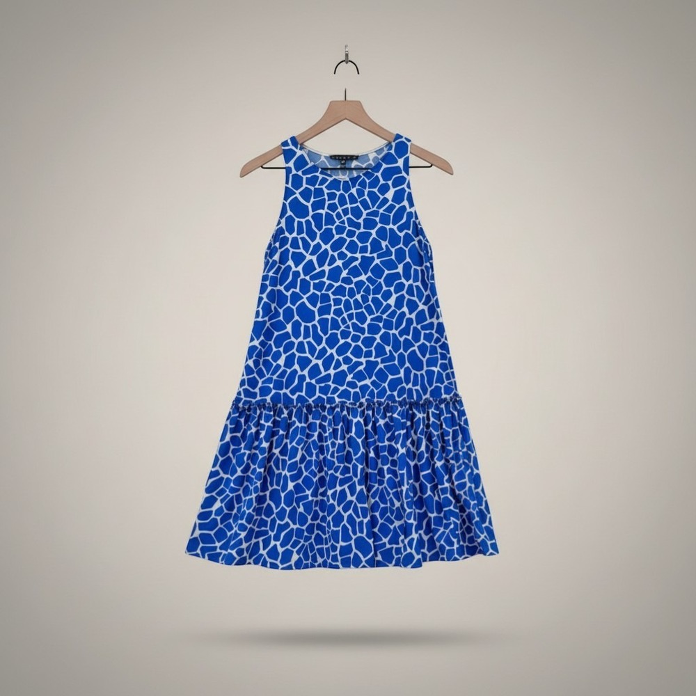Tiana B Giraffe Print Ruffle Hem Drop Waist Sleeveless Knit Dress Blue White M